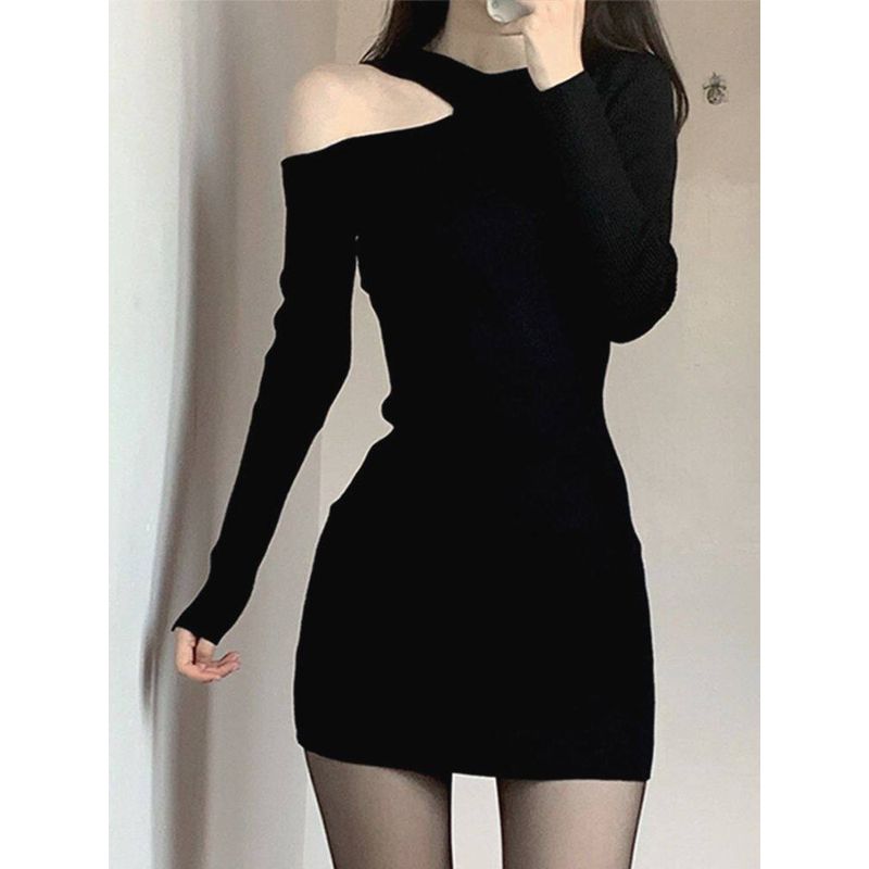 

New Autumn and Winter Pure Black Dress with Hollow-Out Bodycon Design, Slimming and Sexy Mid-Length Dress Black S