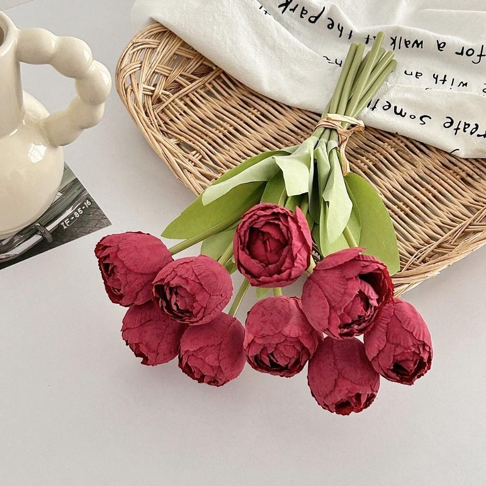 9pcs/bunch Silk Artificial Tulip 39cm Fake Flower Realistic Faux Tulip Bouquet Home