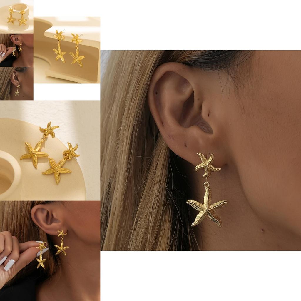 Chic Gold Starfish Pendant Earrings Trendy Gold Alloy Womens Star Shape Jewelry For Autumn