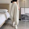 Women Pants Wide Elastic Waistband Anti-Wrinkle Fabric Loose Fit Harem Trousers with Pockets Pure Color Travel Work Pants