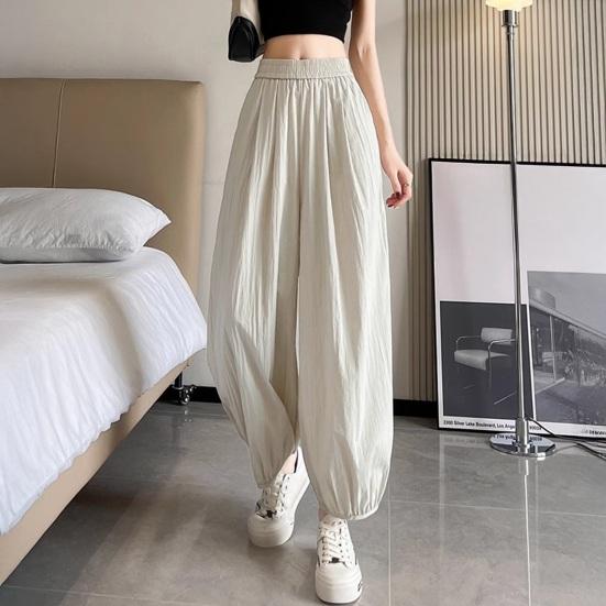 Women Pants Wide Elastic Waistband Anti-Wrinkle Fabric Loose Fit Harem Trousers with Pockets Pure Color Travel Work Pants