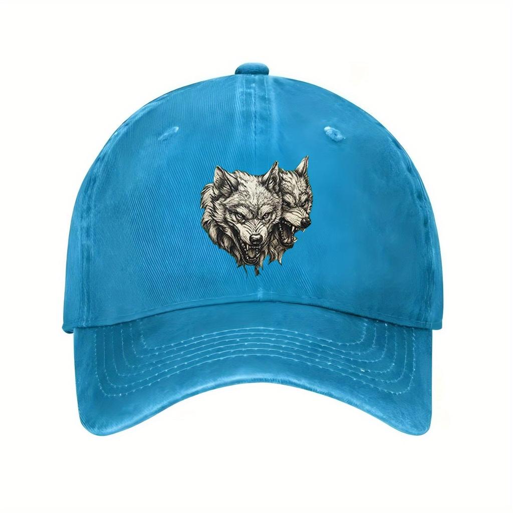 Three Head Wolf Print Baseball Cap Unisex Cotton Adjustable Distressed Style Casual Hat Men Women
