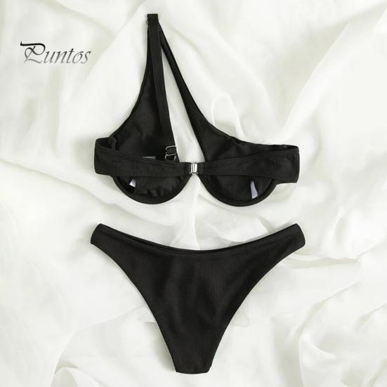 2Pcs/Set Women Sexy Bikini Set Solid Color One-shoulder Bra High Waist Briefs Set Quick Drying Swimsuit Beachwear