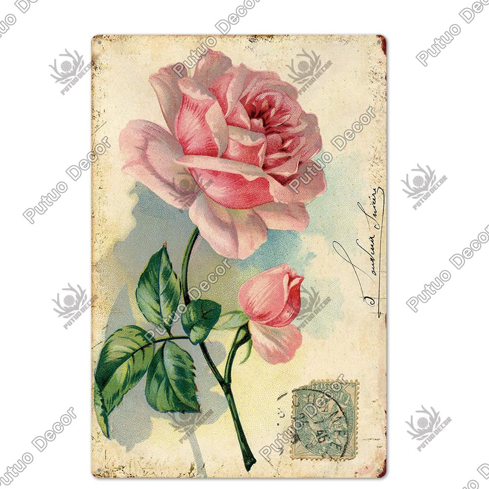 Putuo Decor Flower Vintage Poster Plaque Metal Tin Sign Wall Decorative for Barn Room Kitchen Garage Iron Painting