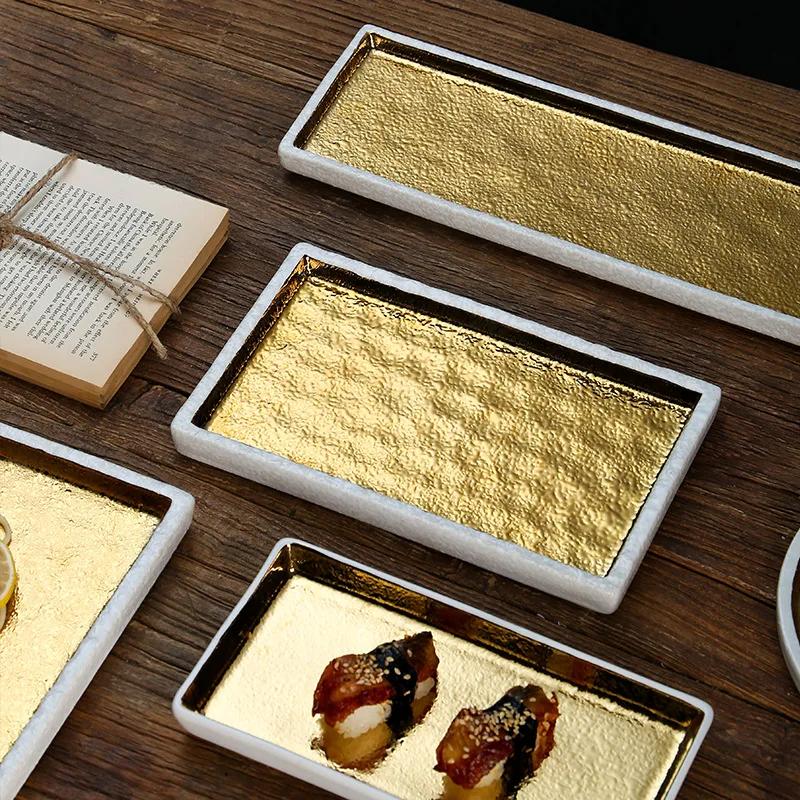Gold-plated rectangular tray, premium sushi cuisine, barbecue, , Japanese flat , commercial ceramic tableware
