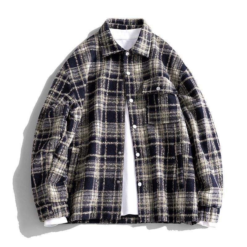 Korean Style Lapel Thickened Plaid Jacket for Men In Autumn and Winter Plus Velvet Cold-proof Jacket Couple Style