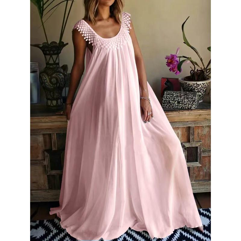 Vestido de Moda de Verano para Mujer Elegante de Cuello Redondo Grande sin Mangas Largo Oversize con Encaje