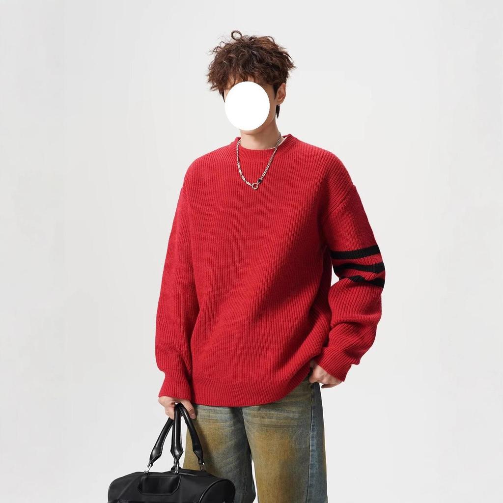 Men's Trendy Solid Color Round Neck Knitted Sweater - Autumn/Winter Casual Long Sleeve Korean Style Base Layer