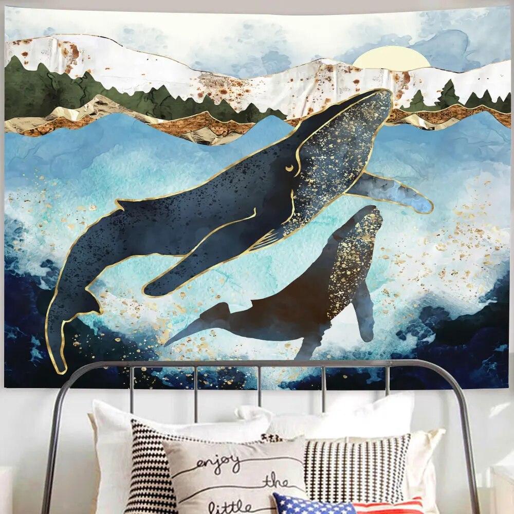 Cartoon Sky Dolphin Tapestry Wall Hanging Pink Clouds and Whales Tapestry Aesthetic Kawaii Room Decor Print Home Decor