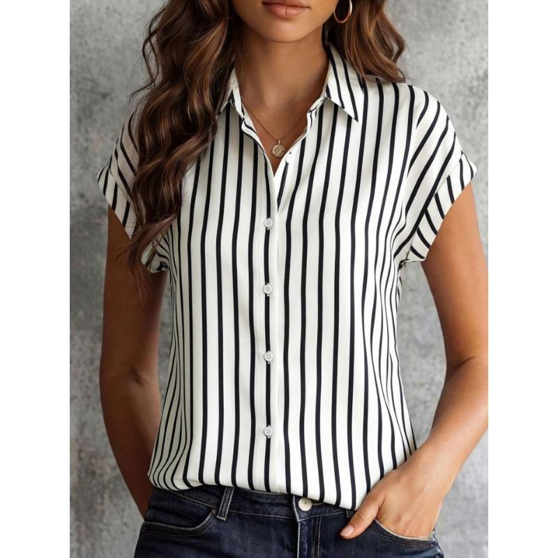 Damen S Gestreiftes Kurzarm Hemd mit Knöpfen Sommer Lässige Bluse