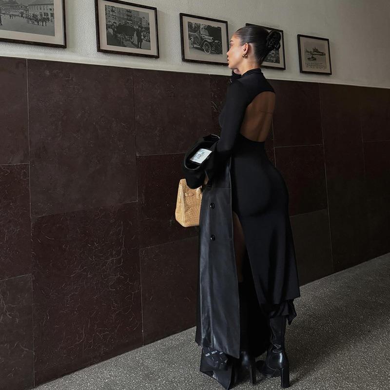 Elegant Slim Fit Long Sleeve Sexy Backless Dress Women Summer Slit Casual High Waist Black Long Dresses Women Fashion Stand Collar Party Dress 26443