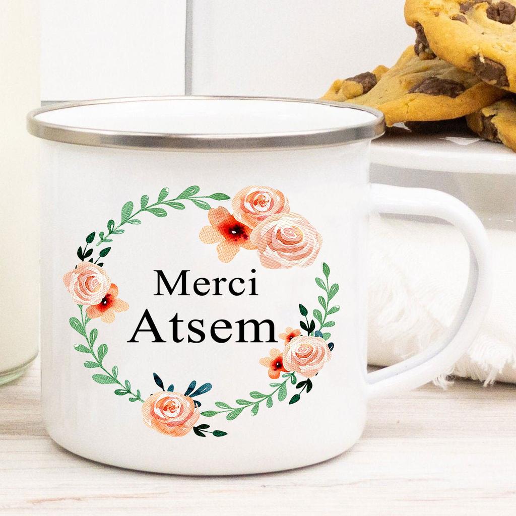 Französisch Danke Atsem Druck Emaille Tassen Kreative Kaffeetasse Getränke Saft Milch Tassen Schule Zuhause Henkel Trinkgeschirr Lehrergeschenke