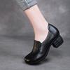 Johnature Genuine Leather Solid Color Thick Heeled Pumps Retro Versatile Round Toe Women's Shoes