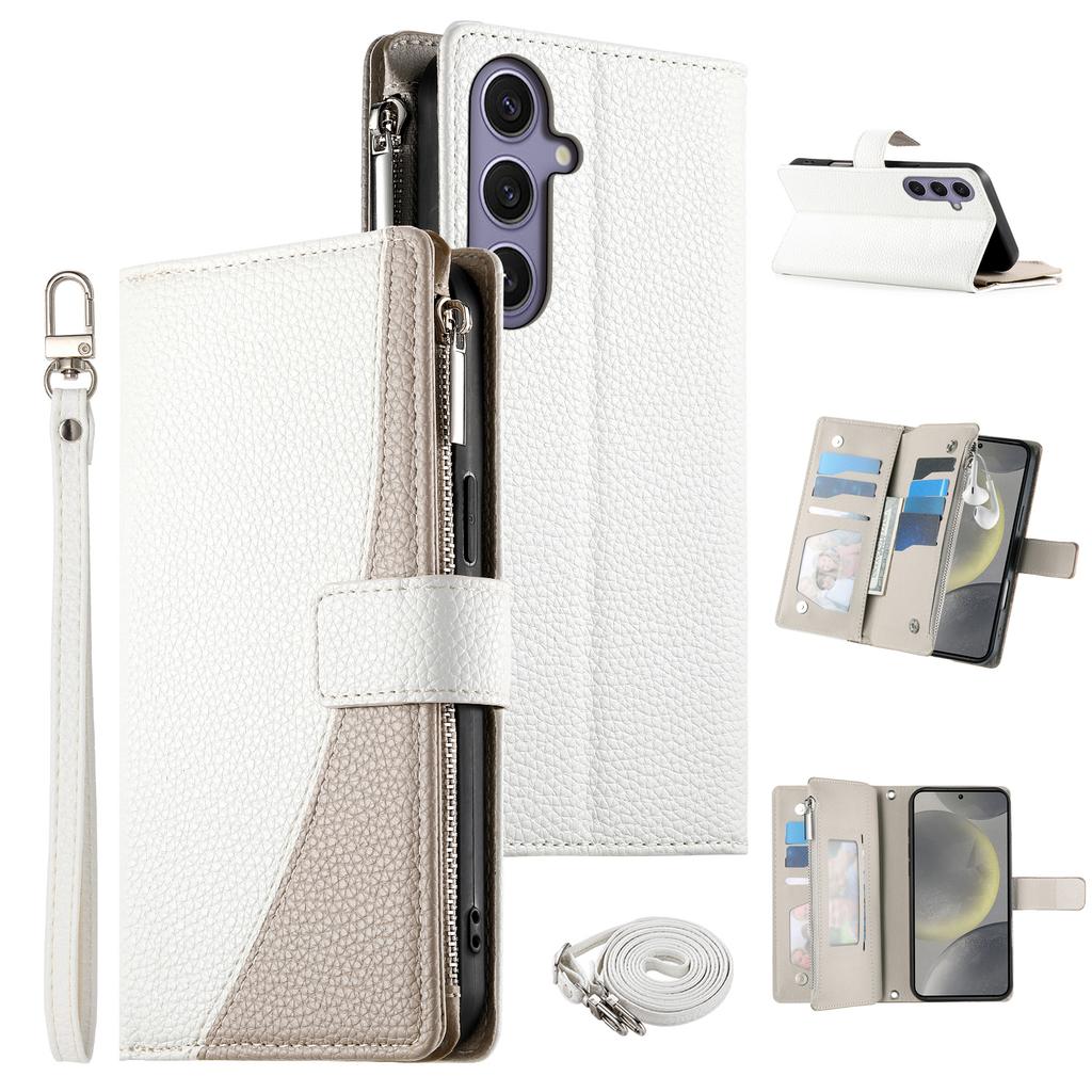 For Samsung Galaxy S25+/S24+ Case Zipper Wallet Color Splicing Leather Flip Phone Cover with Straps