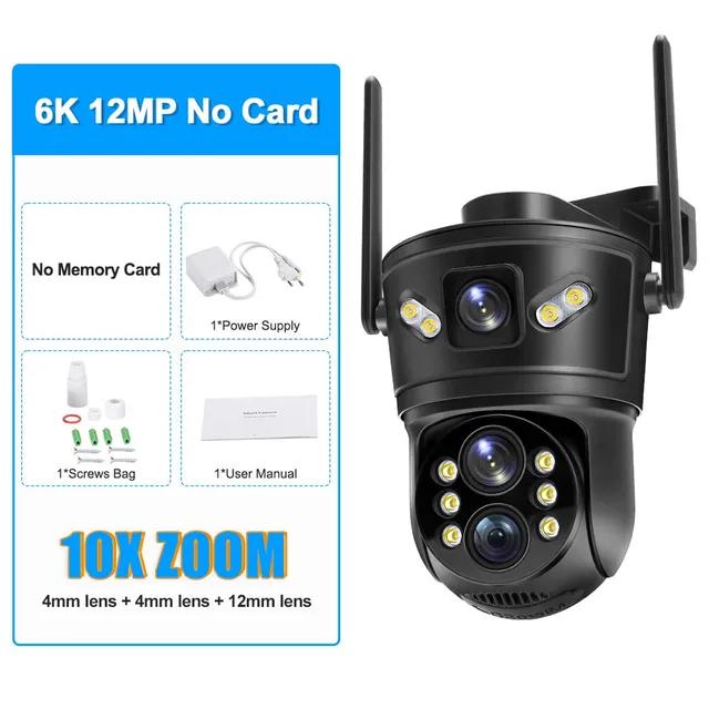 6K 12MP WiFi IP Outdoor Three Lens 10X Zoom PTZ Auto Tracking Home Security Protection 4K Video Camera