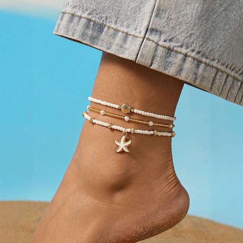 3pcs Cute Starfish Shell Rice Bead Multilayer Foot Chain Anklets for Women Boho Beach Zircon Summer Vacation Beach Accessories