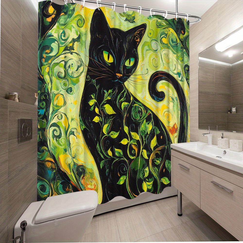 Artistic Black Cat Shower Curtain -Waterproof,Mildew-Resistant With Vibrant Green Swirls For A Unique And Stylish Bathroom Decor