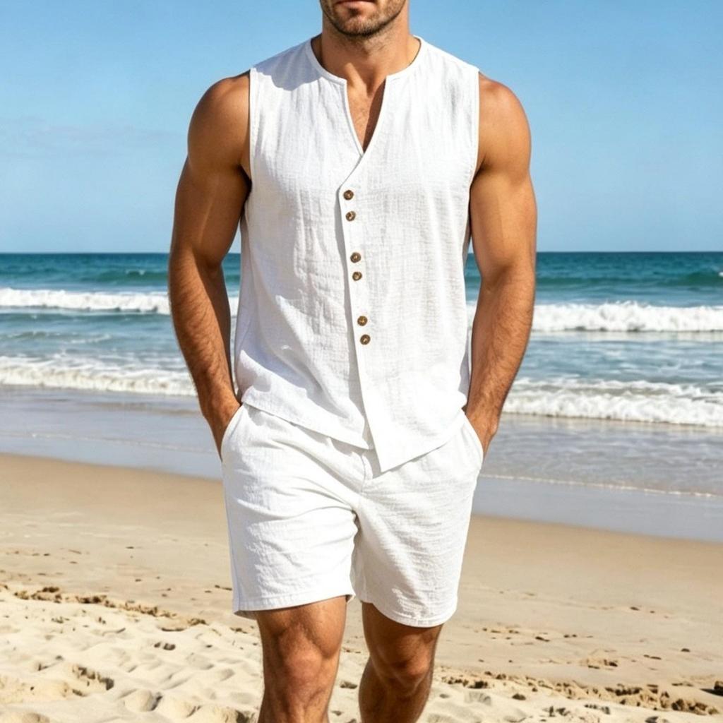 Men Solid Color Simple Casual Short Sleeve Shirt And Shorts Summer Beach Suit
