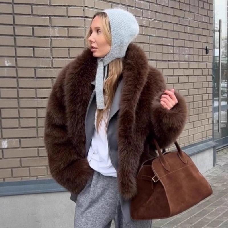 New lapel fox fur coat wool coat women's autumn and winter thickened warm imitation fur coat