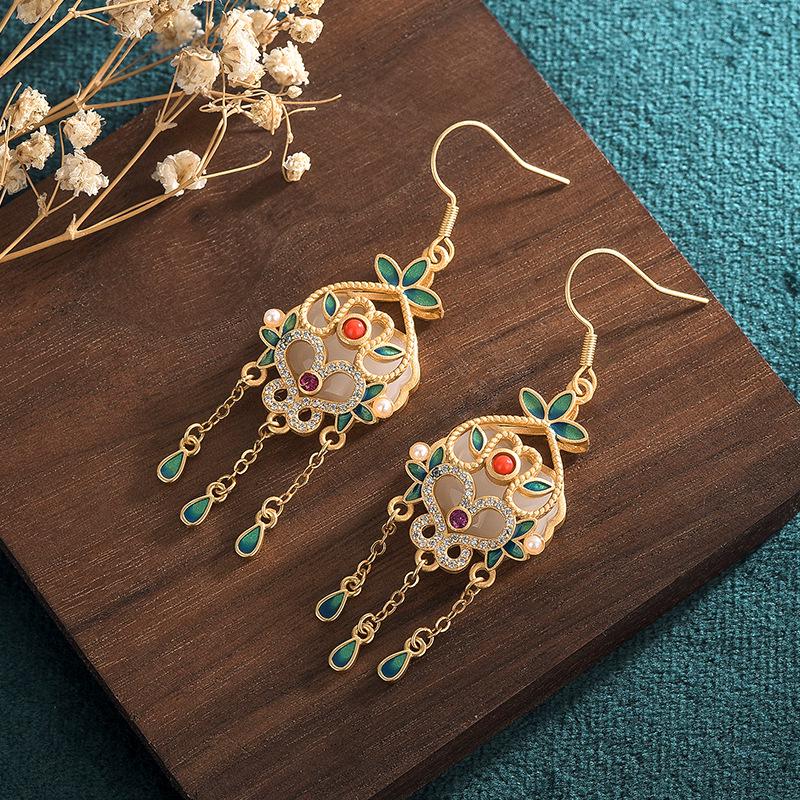 2022 Ethnic Court-Style Enamel & Imitation Hetian Jade Tassel Earrings