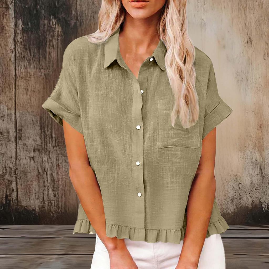 Women's Fashionable Loose-Fit Casual Shirt Button-Up Short-Sleeve Cotton-Linen Blend Top