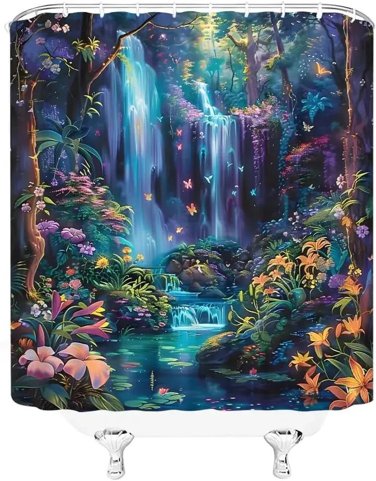 Happy Adults Toys Fairy Tale World Forest Waterfall Shower Curtain Fantasy Jungle Tropical Bathroom Polyester Woven Shower Curtain