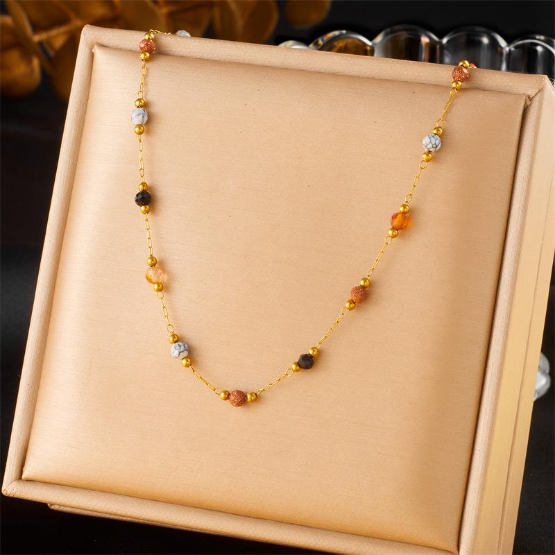 Titanium Steel Colorful Beads Pendant Necklace Gold Chain Charm Necklace for Women one size