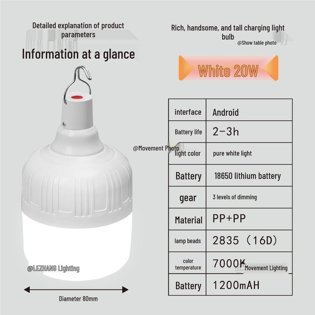 Rechargeable LED Light Bulb for Home, Outdoor, Camping, Night Market, and Emergency Power Outage Use