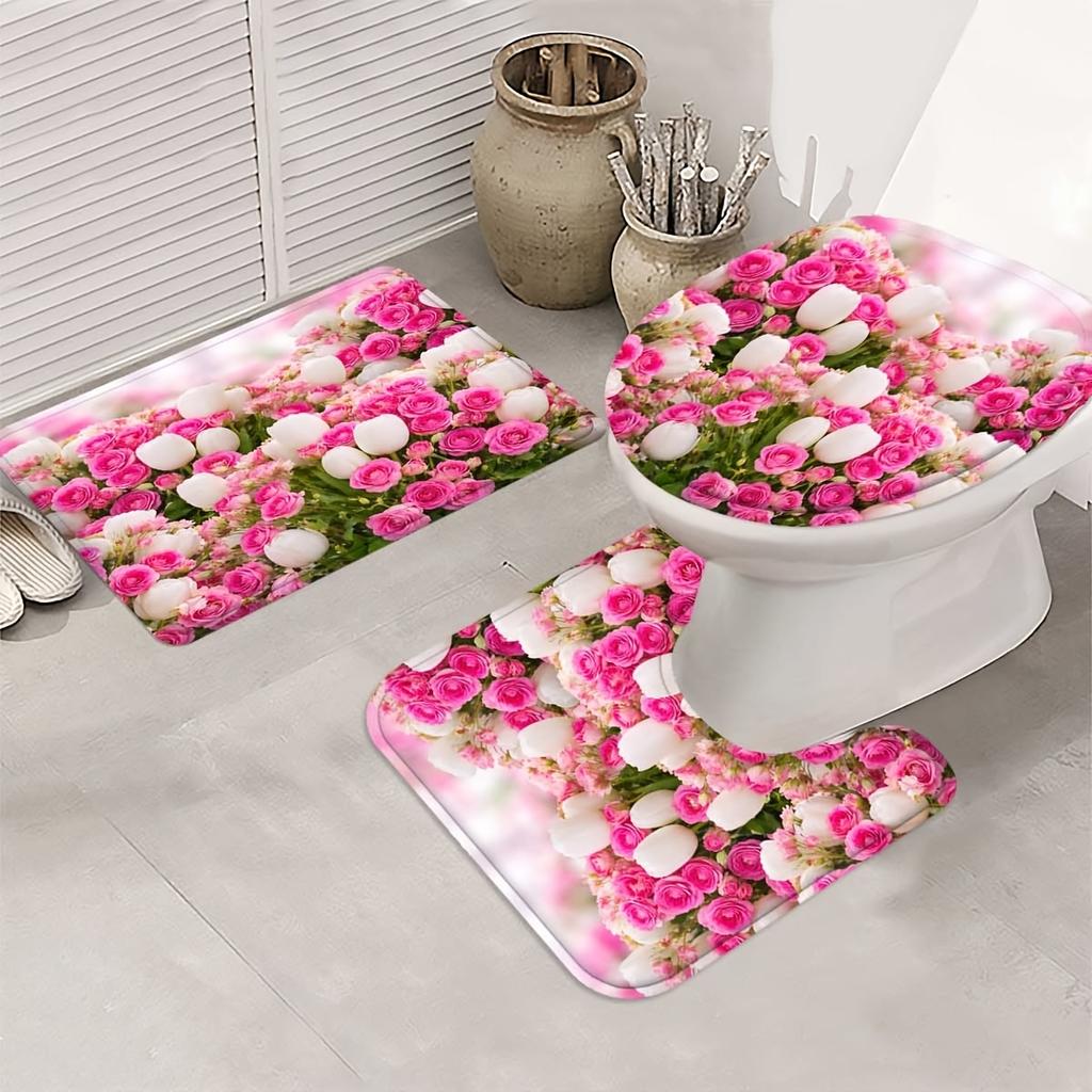 4Pcs Shower Curtain Set with Non-Slip Bath Mat, Toilet Lid Cover, Contour Rug & 12 Hooks, Bathroom Decor