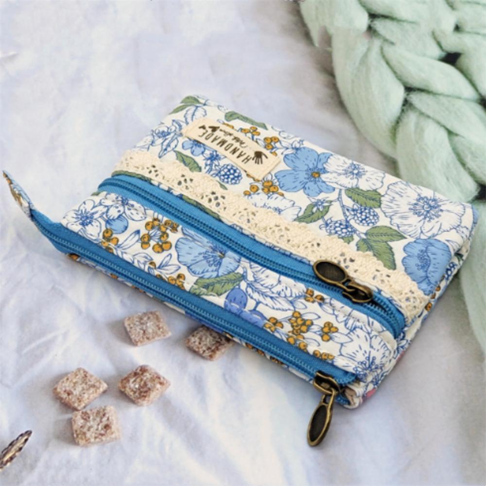 Cotton Coin Purse Portable Female Coin Pouch Canvas Change Bag Double Zipper Floral Card Holder For Women Girls Daily Life