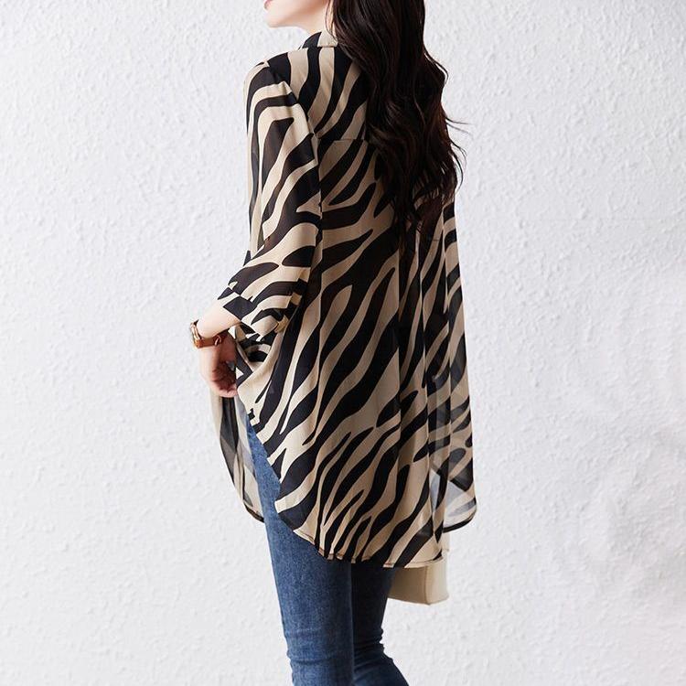 Seven Sleeve Striped Sun Protection Shirt for Women Chiffon Shirt with Zebra Pattern Loose Shirt Top