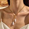Stainless Steel Baroque Pearls Chain Necklace for Women Vintage Gold Color Y-shaped Long Drop Necklace Jewelry Gift Waterproof