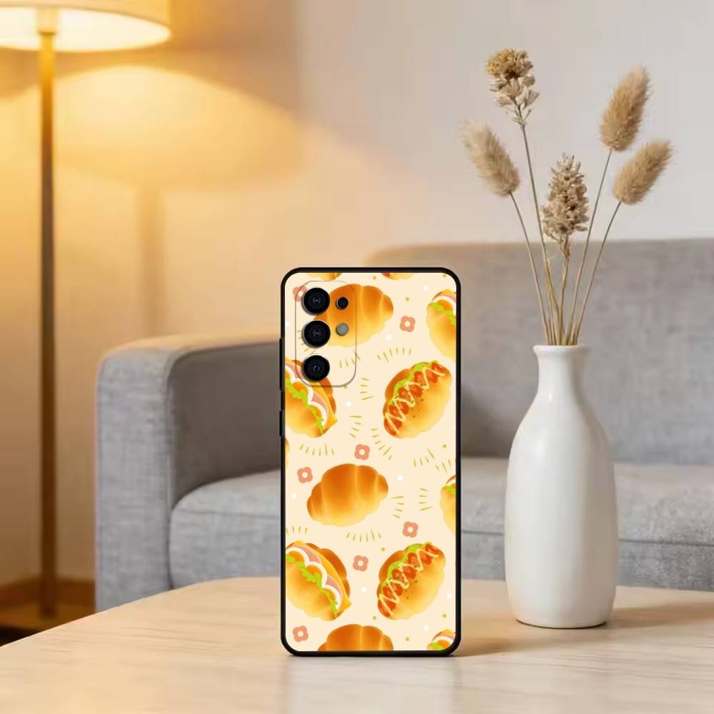 Cute Bread Illustration Phone Case Black Silicone Soft For Samsung S25,S24,S21,S22,S23,S30,Ultra,S20,Plus,Fe,Lite