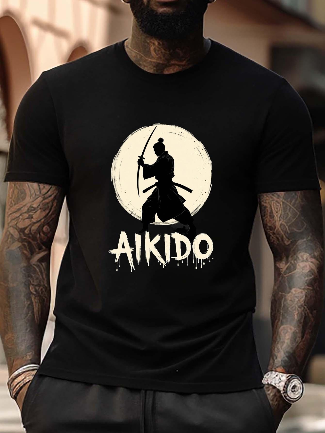 

Plus Size Aikido Silhouette T-shirt - Black Casual Crew Neck with Martial Arts Design L