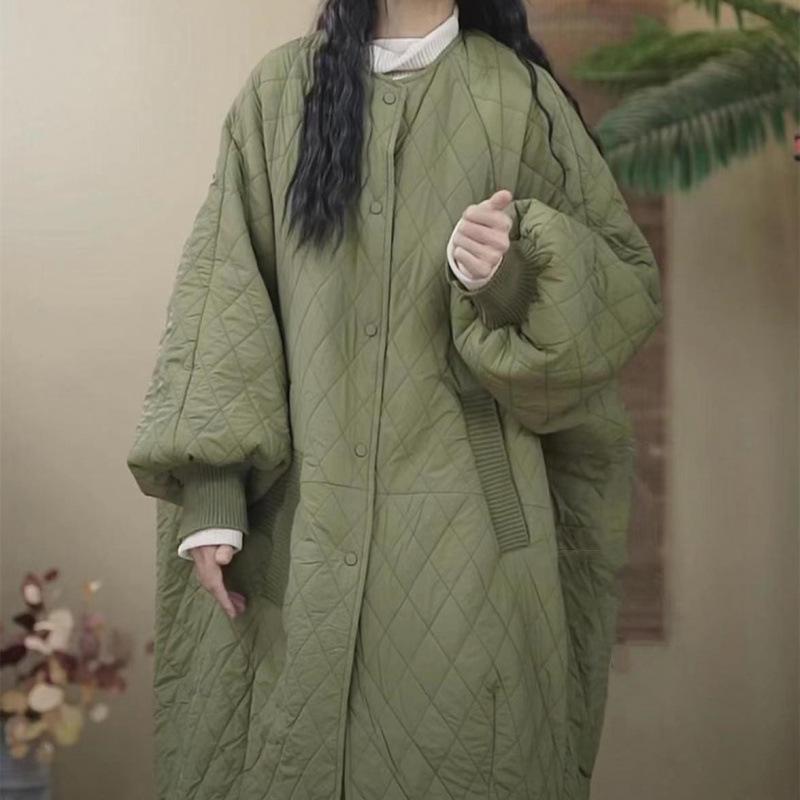 Oversized Diamond Plaid Down Cotton Jacket European Women Coat Long Lightweight Cotton Jacket Winter Parka Coat Female