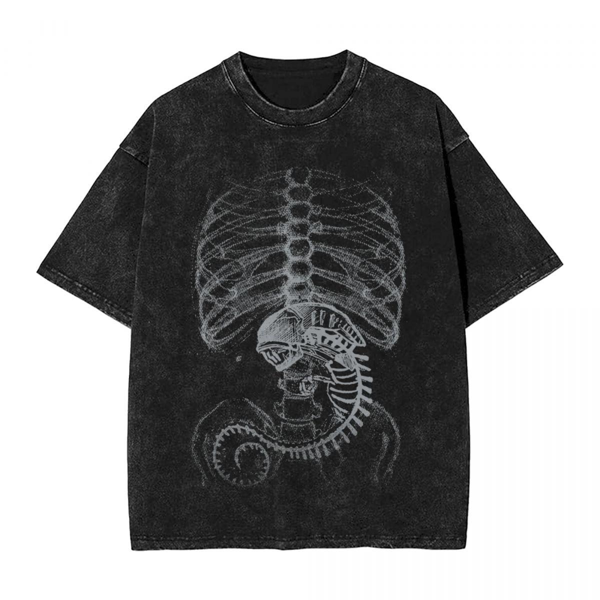 

Alien Vs Predator Alien Bone Covenant Bone X Ray Washed T Shirts Streetwear TShirts Men Women Tees High Street Summer Tops S