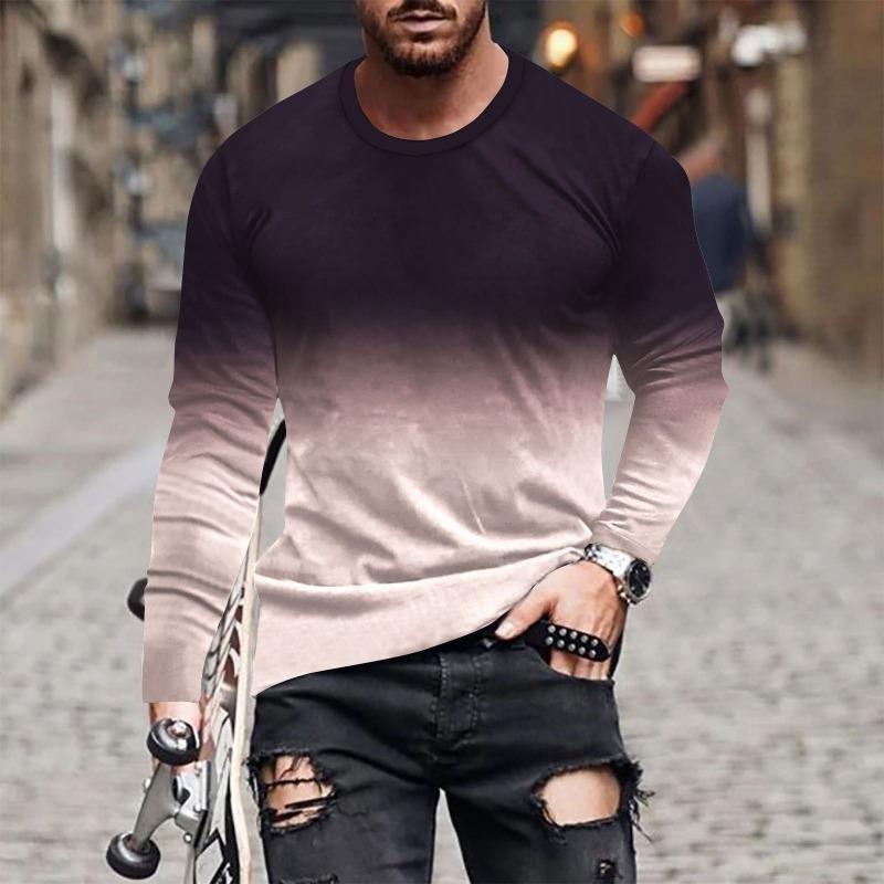 European and American Fashion Gradient Printed Casual Long Sleeved T-shirt O Neck Oversized Pullovers Tees Tops Men's Clothing