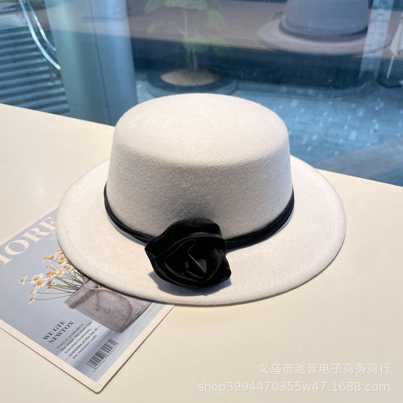 Rose flower strap flat top woolen top hat female autumn and winter warm sweet cute fashion versatile performance flat top hat