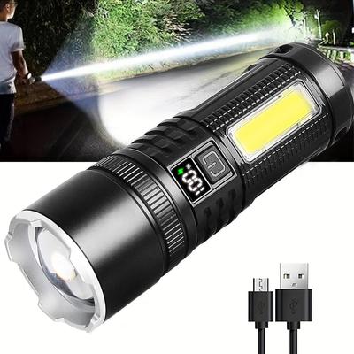 LED-ficklampa med hög effekt, uppladdningsbar zoom, stark vattentät utomhusficklampa, aluminiumlegering, COB-sidoljus, 4 lägen