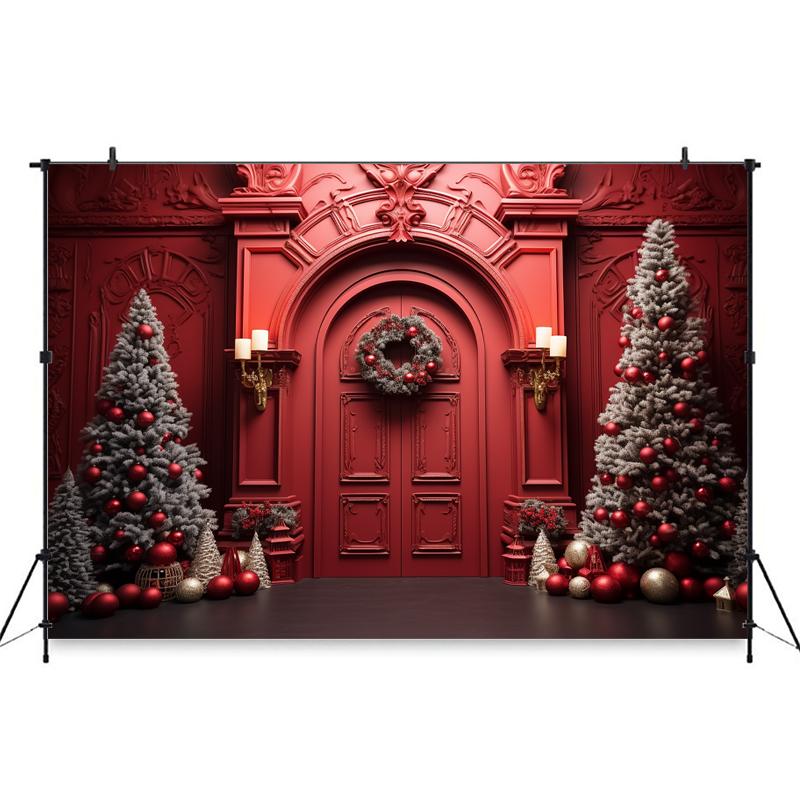 Mocsicka Christmas Red Door Background For Photography Xmas Tree Adult Kids Children Backdrop Banner Decoration Studio Photozone