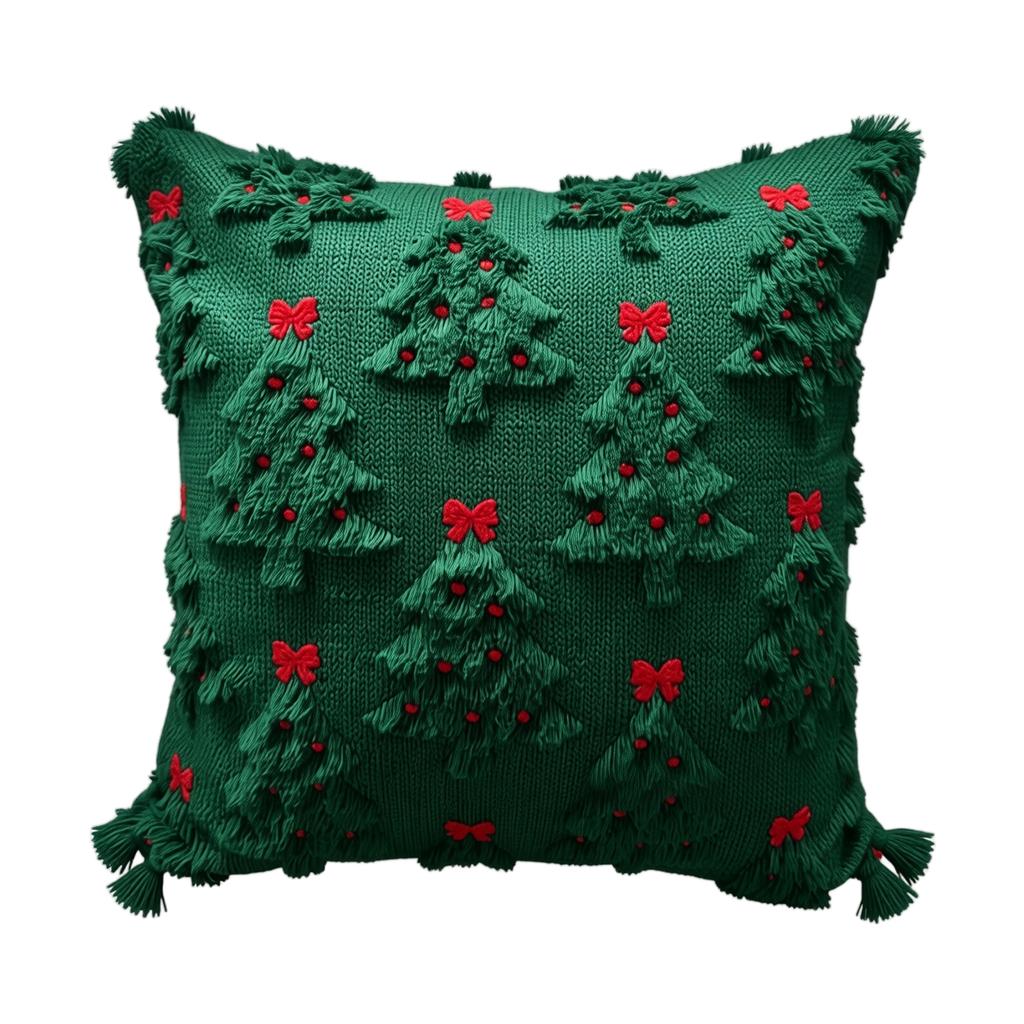 Christmas Embroidered Throw Pillow Cover 45x45cm Decorative Cushion Case with Textured Tree and Bow Patterns for Holiday Home Decor