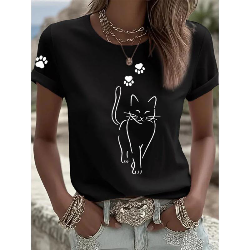 Ilstile Women's Cat Paw Print T-Shirts Summer Short Sleeve Casual Round Neck Tops Black Blue Pink Tees Hot Sale