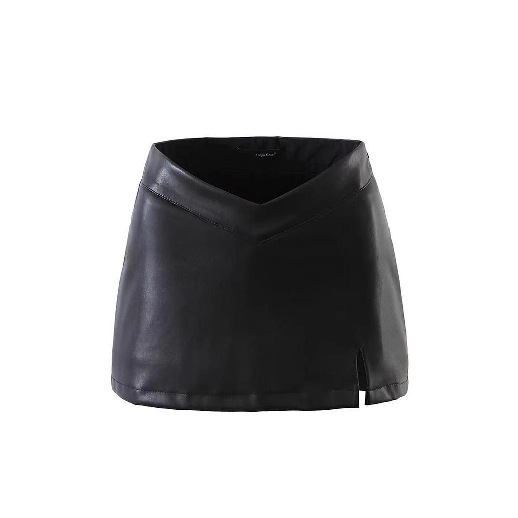 2024 Spring/Summer American Retro Low-Rise V-Design Single Slit Thick Lined Mini Leather Skirt Shorts