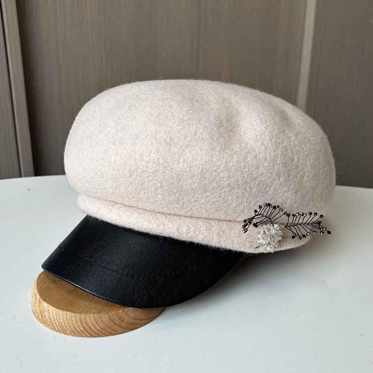 

Autumn and Winter Wool Octagonal Hat Women s Beret Short Brim Leather Cap British Style Newsboy Hat ONE SIZE бежевий