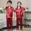 Girls' Imitation Silk Pajama Set - Short Sleeve Top & Long Pants, Lapel Design, Spring/Summer Homewear