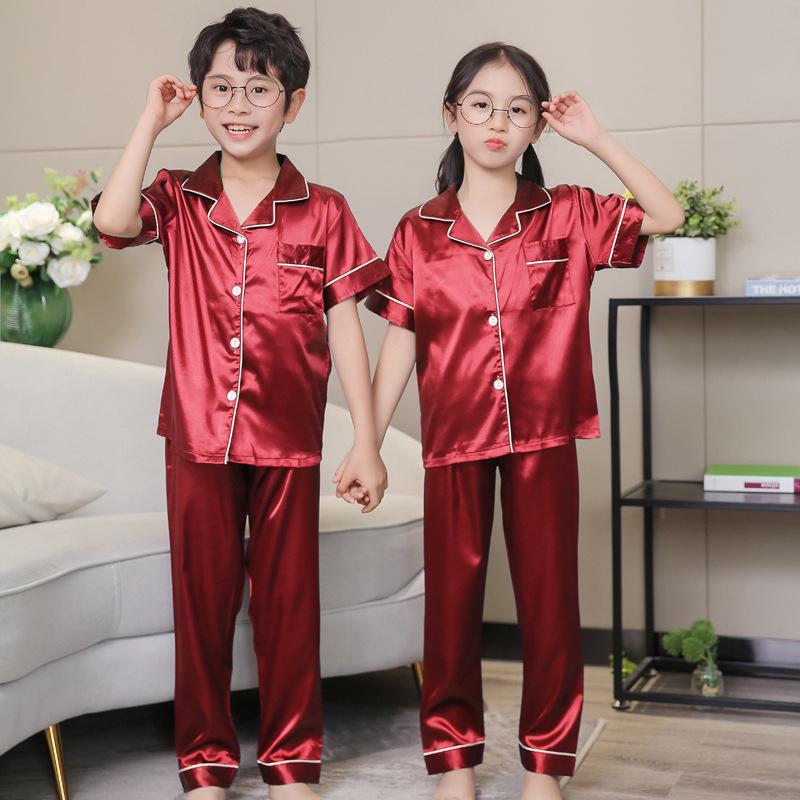 Girls' Imitation Silk Pajama Set - Short Sleeve Top & Long Pants, Lapel Design, Spring/Summer Homewear