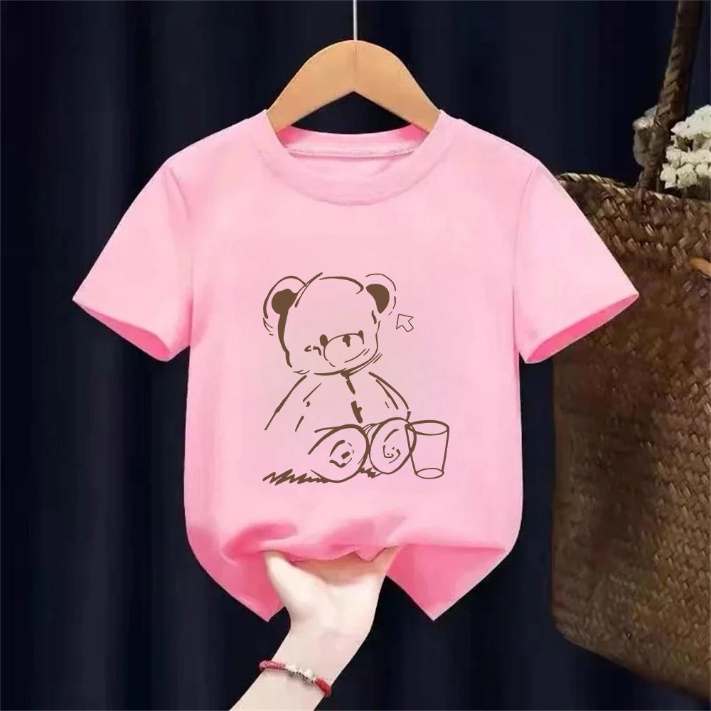 Cute Teddy Bear Print Crew Neck Tshirt Kids Fit Short Sleeve Cartoon Fashion Coffee Cup Kawaii Girls Clothing