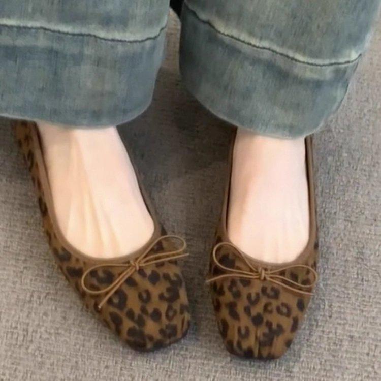 Square head leopard print single shoes autumn year French bow with skirt ballet evening shoes