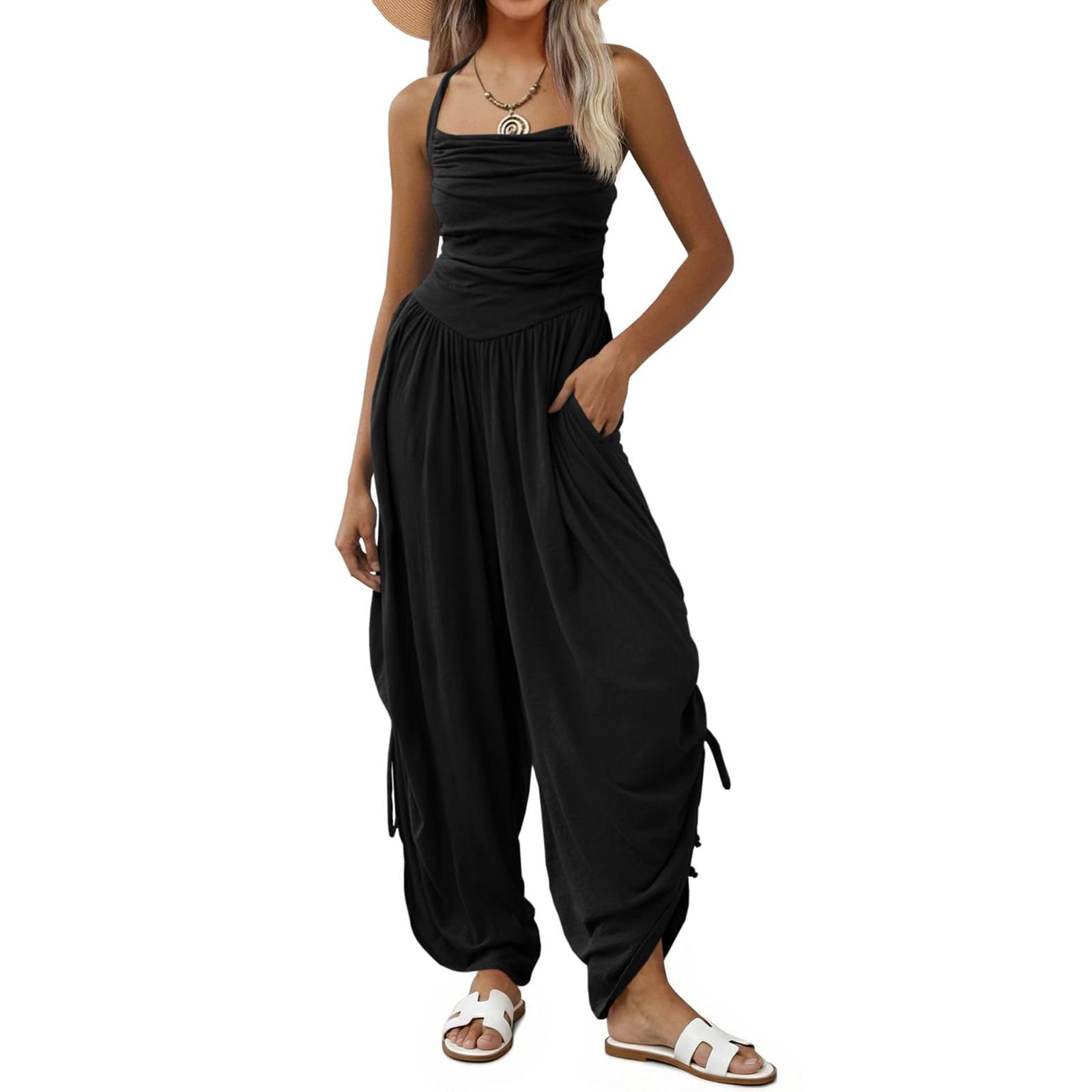 Women s Color Casual Fashionable Pocket Jumpsuit L чёрный