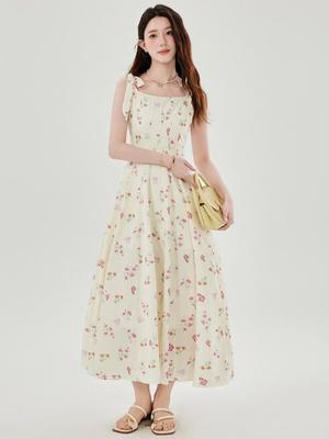 Damen Sommer Pink Mori Stil Ärmelloses Langes Camisole Kleid - Fee Strandurlaub